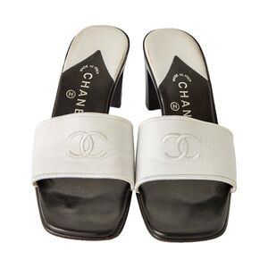 Chanel white leather logo mule heels vintage